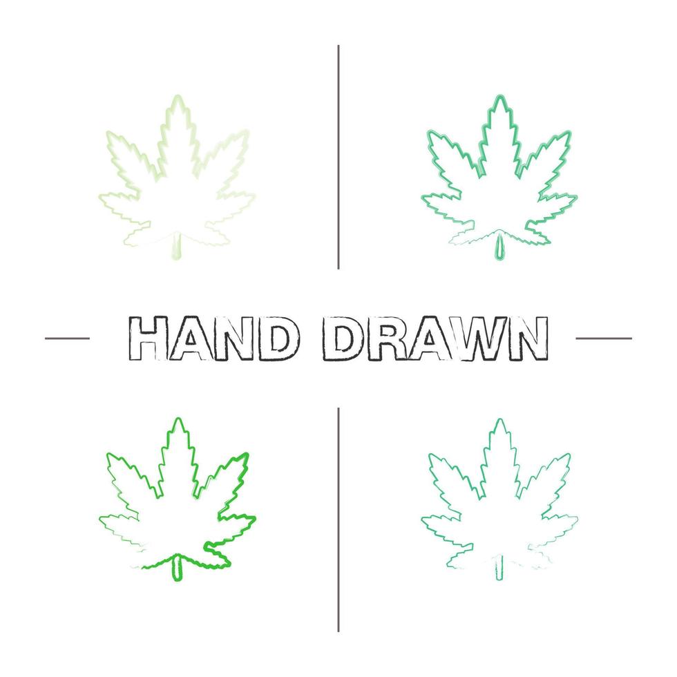 marihuanablad hand getrokken pictogrammen instellen. cannabis, wiet. kleur penseelstreek. geïsoleerde vector schetsmatige illustraties