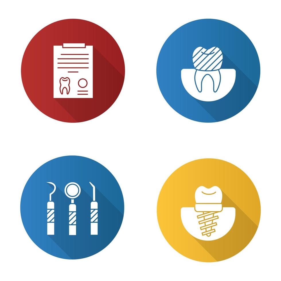 tandheelkunde platte ontwerp lange schaduw glyph pictogrammen instellen. stomatologie. diagnostisch rapport, tandimplantaat en kroon, tandheelkundige instrumenten. vector silhouet illustratie