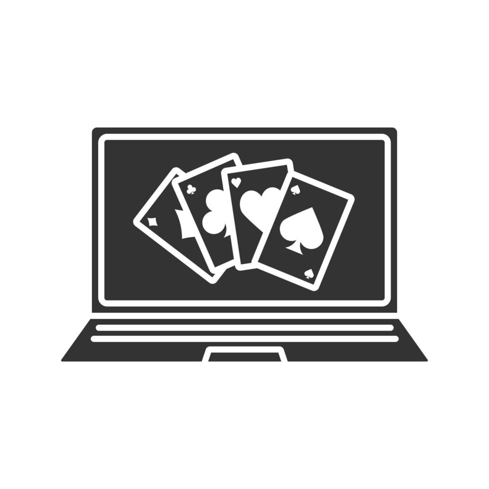 online casino glyph-pictogram. laptopscherm met vier azen. silhouet symbool. negatieve ruimte. vector geïsoleerde illustratie