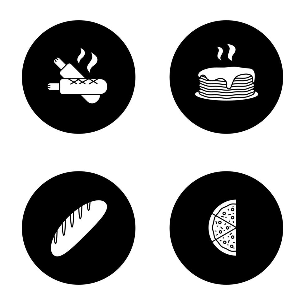 bakkerij glyph pictogrammen instellen. franse hotdogs, stapel pannenkoeken, brood, de helft van de pizza. vector witte silhouetten illustraties in zwarte cirkels