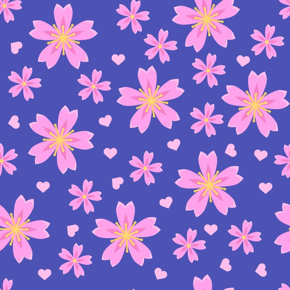 sakura bloemen naadloos patroon. Japanse kersenprint. romantische lente bloemen illustratie in platte cartoon stijl op blauwe achtergrond. vector