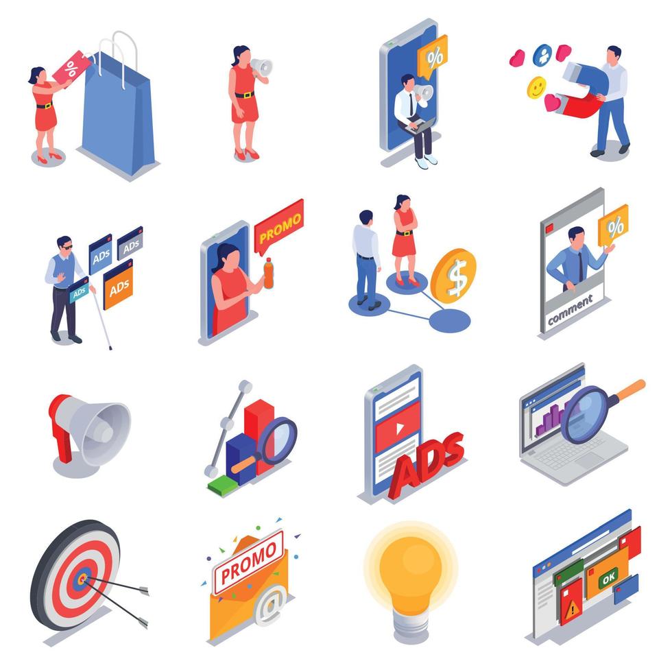 marketingtechnologieën isometrische icon set vector