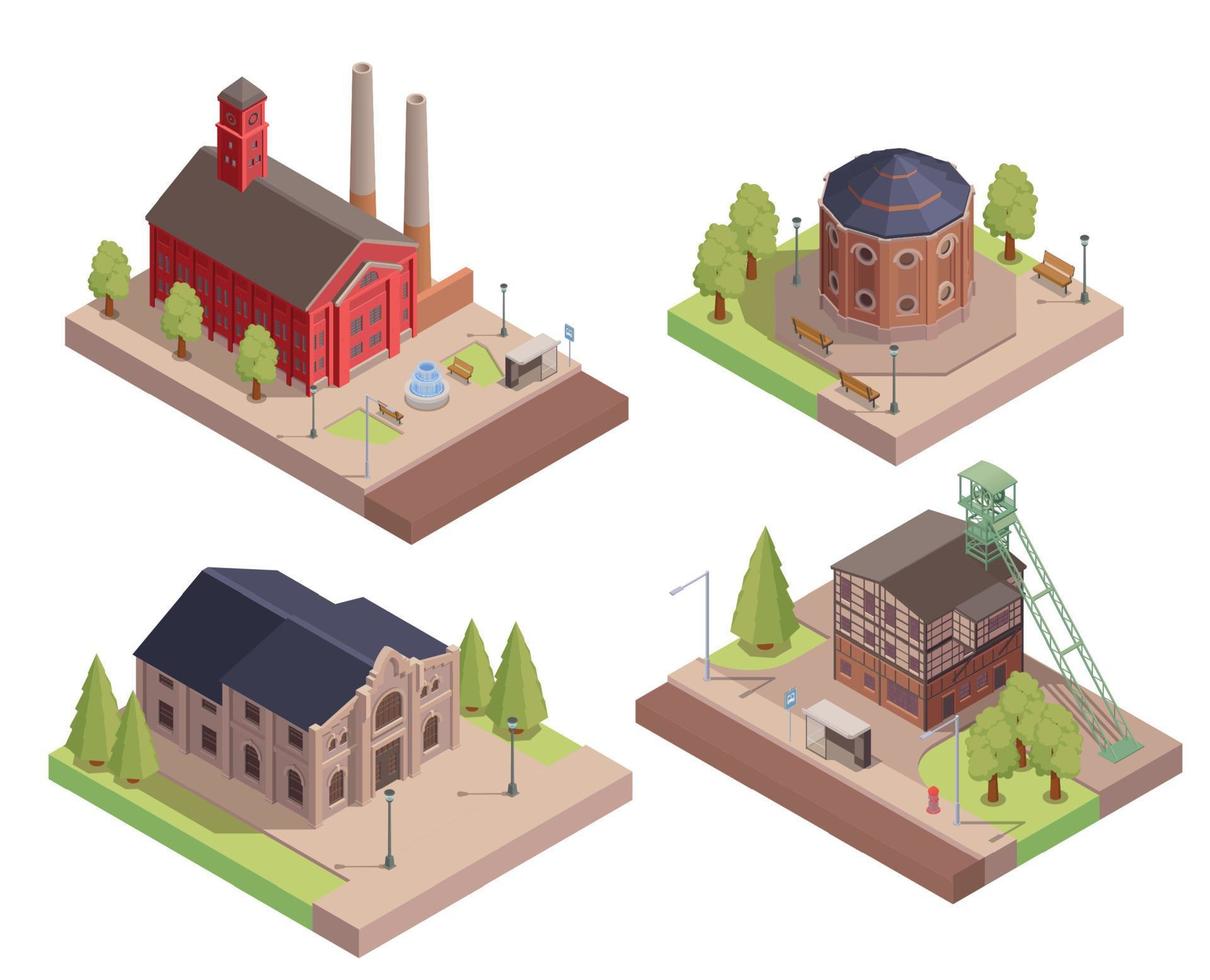 oude industriële gebouw isometrische set vector