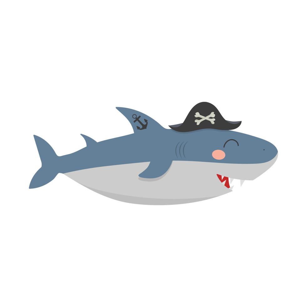 cartoon schattige haai piraat in een hoed, met een ankertattoo op de vin. vector