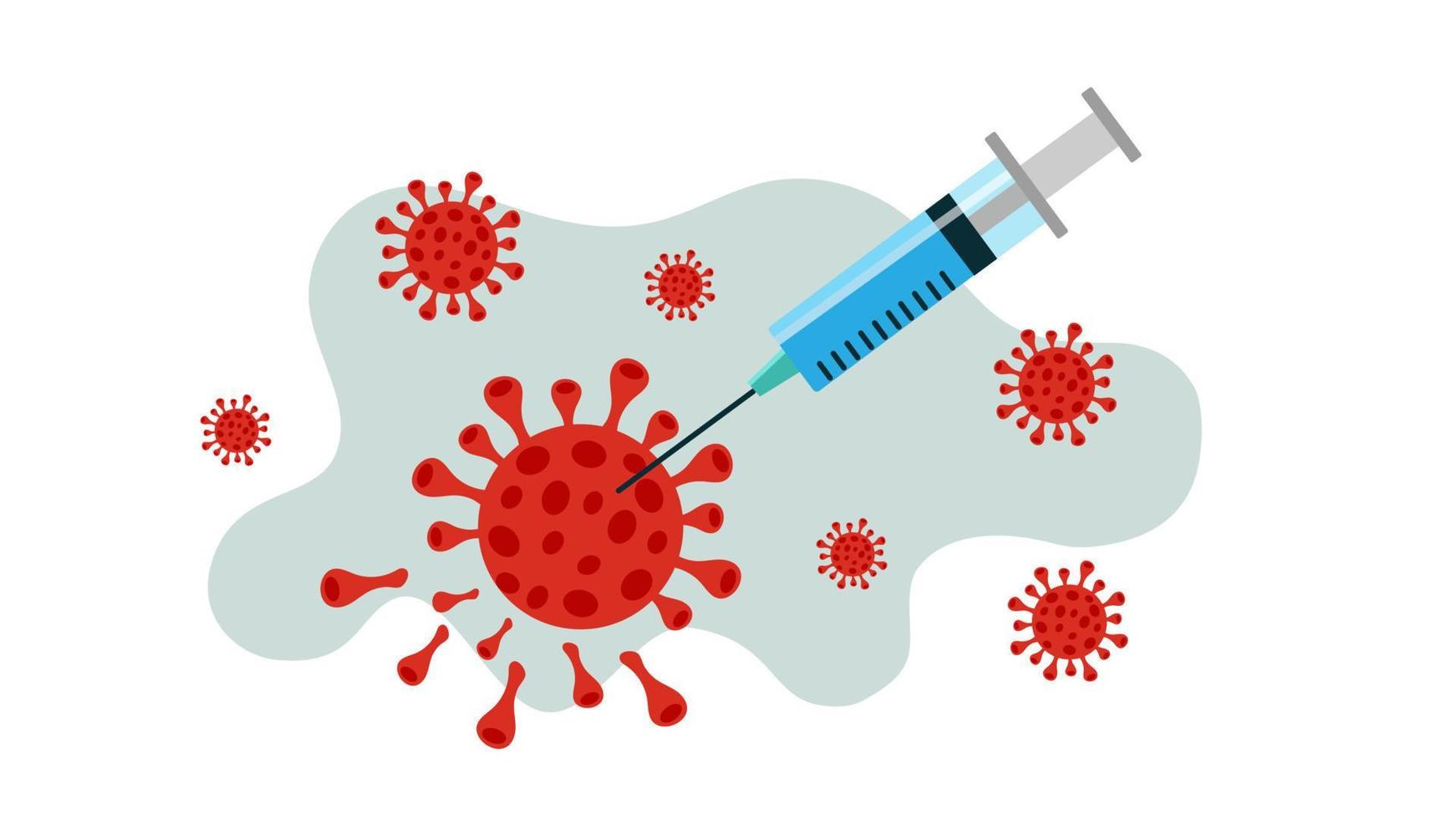 concept voor de remedie tegen de covid-19. spuit met vaccin dat wordt geïnjecteerd met virus vectorillustratie vector