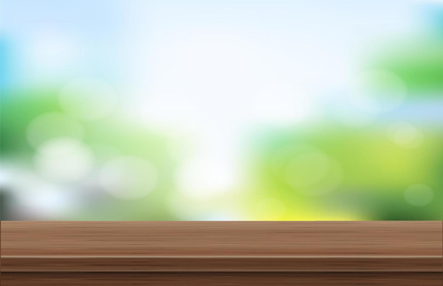 lege houten tafel vooraanzicht met vervaging van de tuin in de ochtend. gebruikt voor display-branding of montageproducten of ontwerplay-out. realistische 3D-vectorillustratie. vector