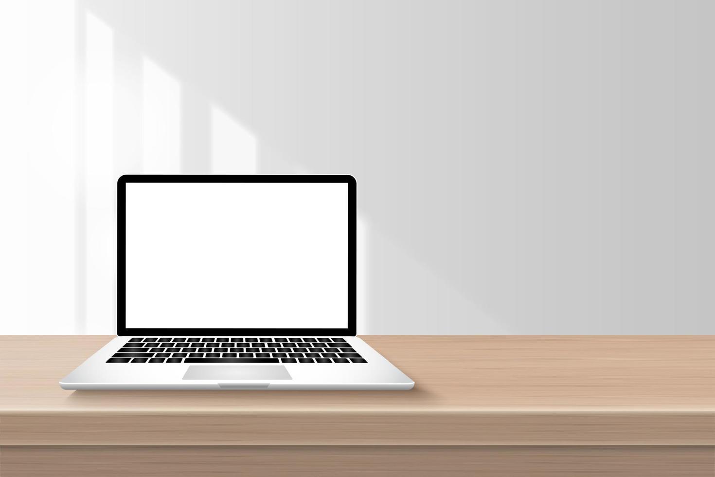 bureau met laptop computer wit scherm op houten tafel vooraanzicht in witte kamer modern. het zonlicht dat door de sproeten schijnt zal weerkaatsen op de muur. realistische 3D-vectorillustratie. vector