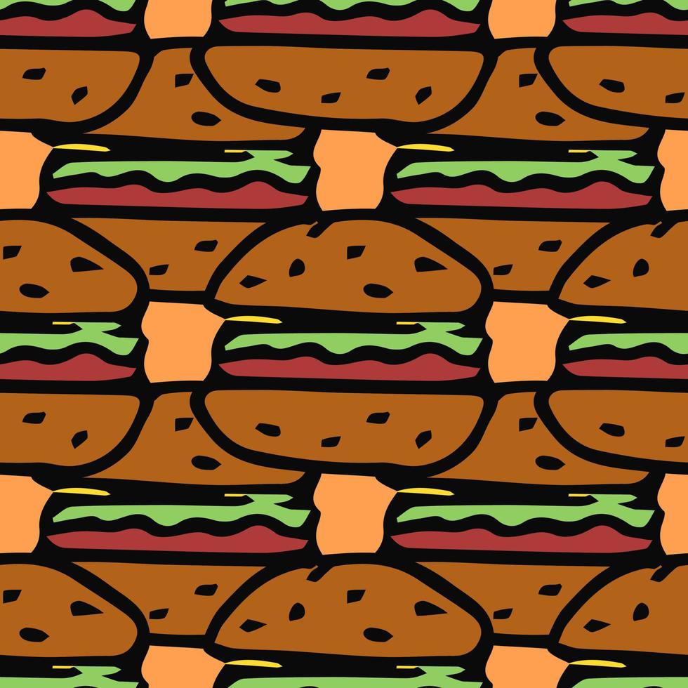 naadloos patroon met hamburgerpictogrammen. gekleurde hamburgerachtergrond. doodle vector hamburger illustratie
