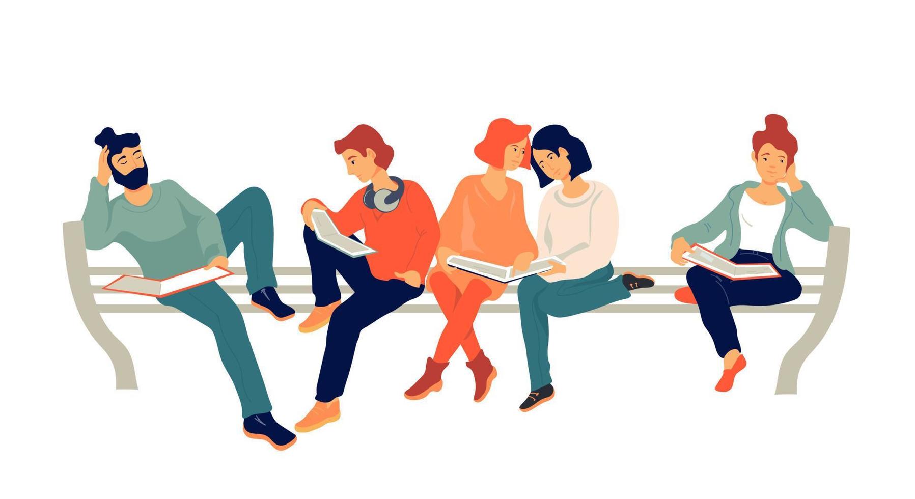jonge mensen die boeken lezen, zittend op een bankje, platte vectorillustratie geïsoleerd op wit. vector