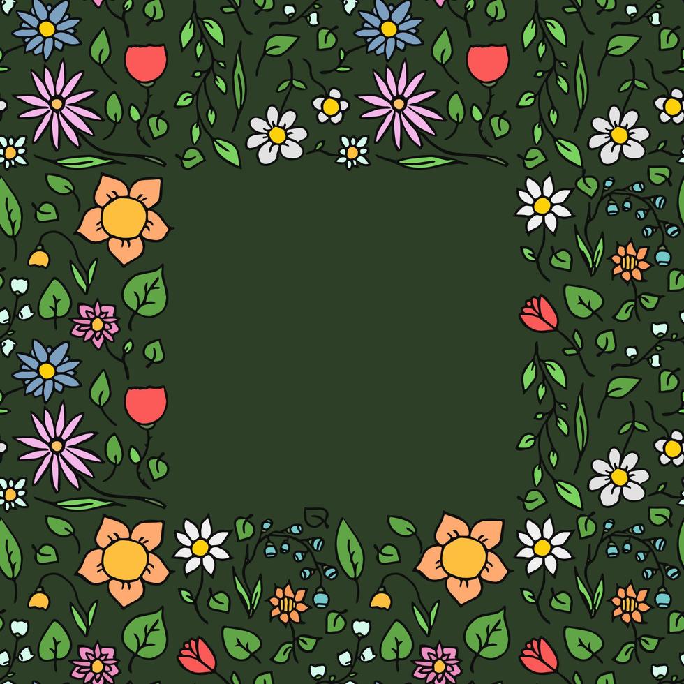 gekleurde naadloze bloemen vector patroon met plaats voor tekst. doodle vector met bloemmotief op groene achtergrond. vintage bloemenpatroon