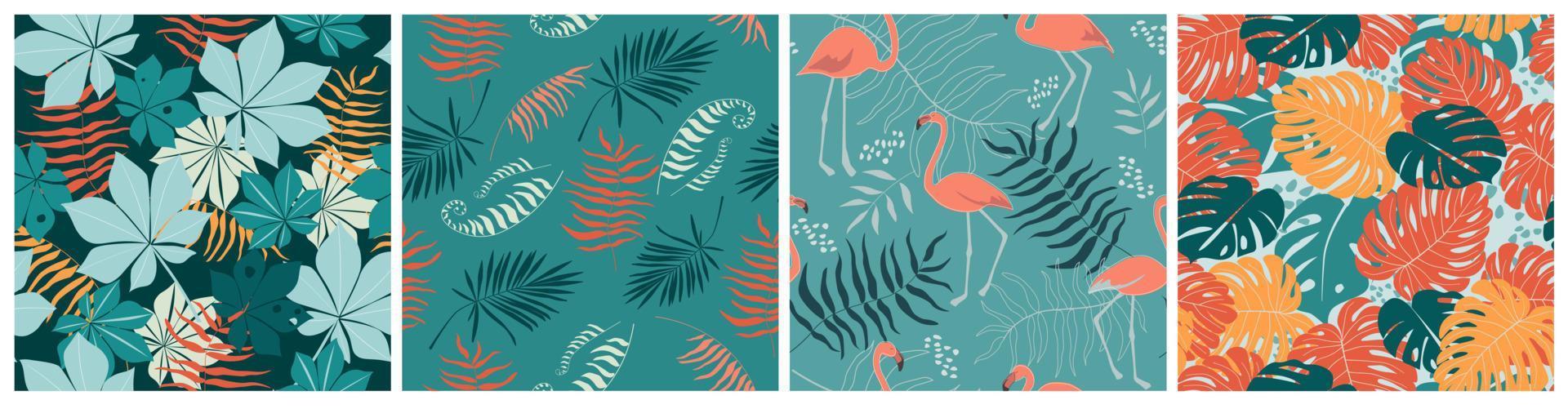 naadloze patroon set met flamingo vogels, tropische palmbladeren en monsters. exotische dierenprint. vectorafbeeldingen. vector