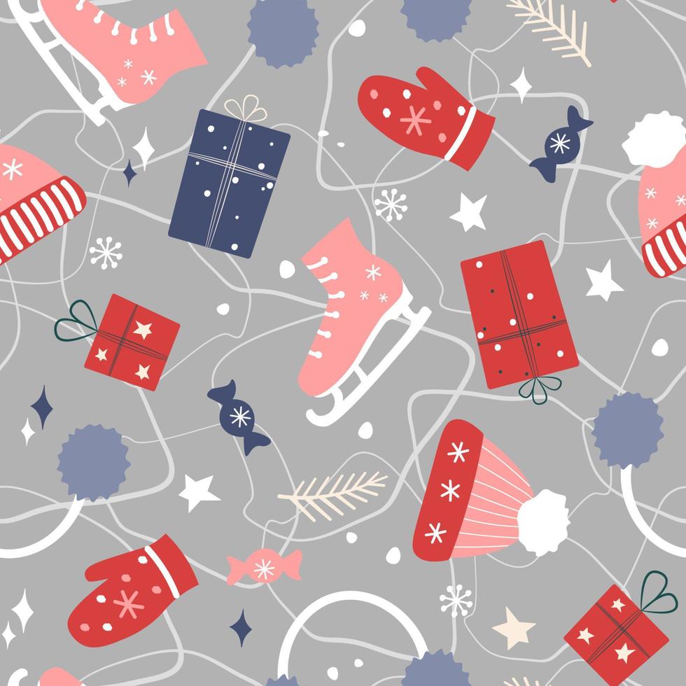 naadloos patroon met winterornament. kerstprint met sokken, hoeden, cadeaus, snoepjes, schaatsen. vectorafbeeldingen. vector