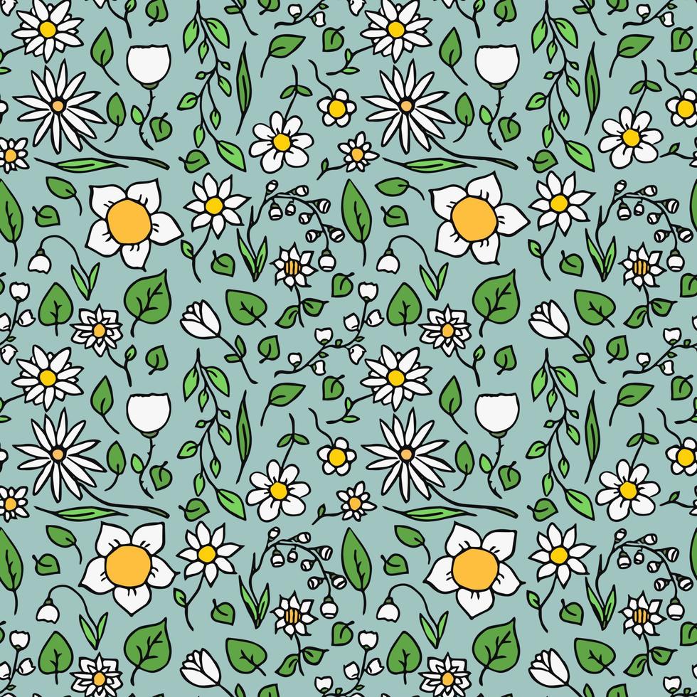 gekleurde naadloze bloemen vector patroon. doodle bloemmotief op blauwe achtergrond. vintage bloemenillustratie met witte bloemen