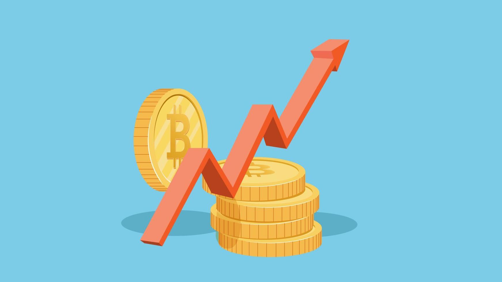 bitcoin groei concept vectorillustratie. stapels gouden munten zoals inkomensgrafiek met bitcoin. vector