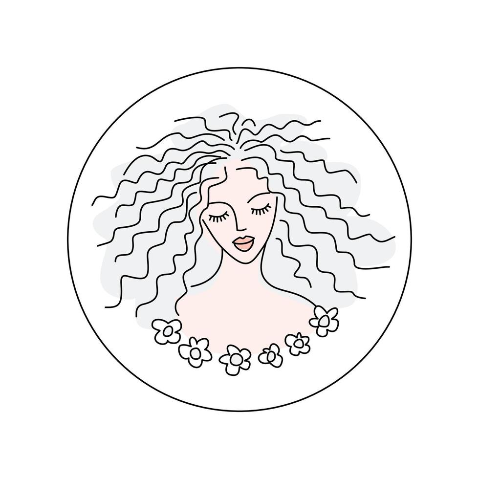 meisje - vector ronde logo. kapsel, vrouwelijk gezicht. embleem voor een schoonheidssalon. jonge vrouw gezicht - web avatar. concept - cosmetologie