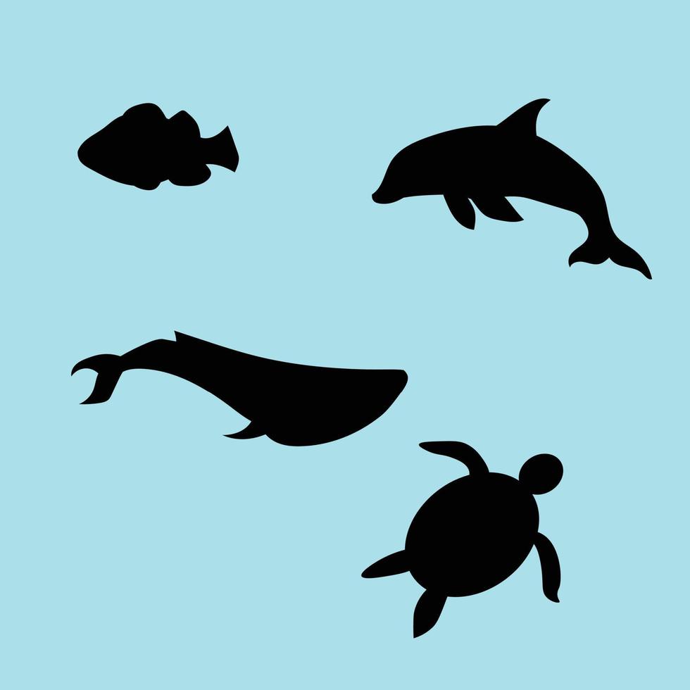 vis, dolfijn, walvis en schildpad silhouet, vectorillustratie, pictogram. zeedieren vector. vector