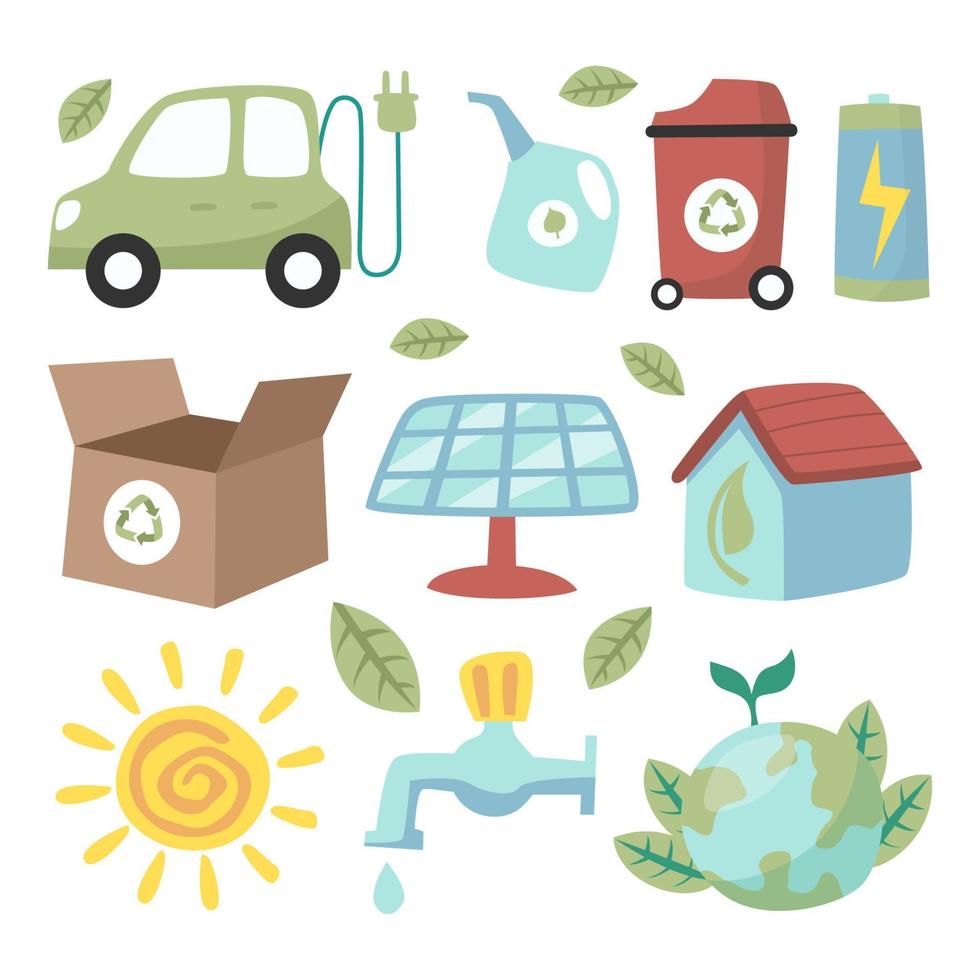 milieuvriendelijk, bespaar energie, milieu hernieuwbaar symbool sticker illustraties met groene auto, papieren zak, lamp en molen. vector