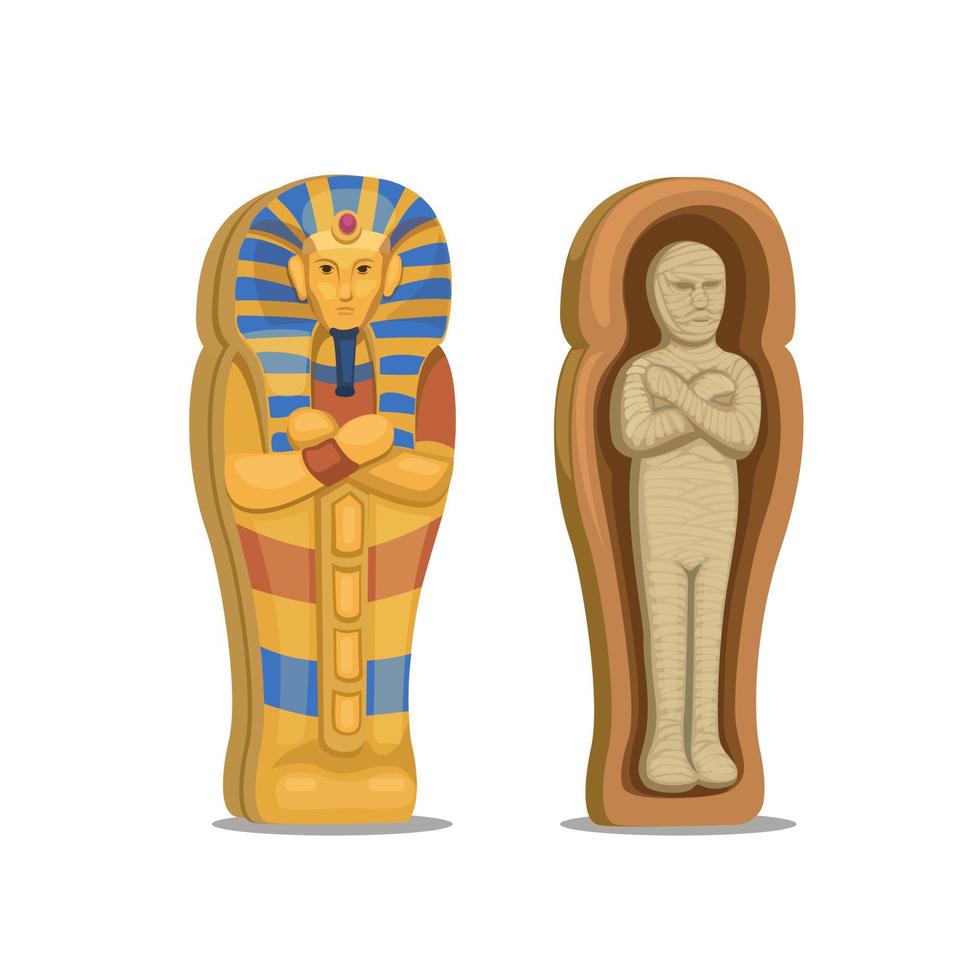 mummie lijk met kist figuur tekenset egypte cultuur cartoon illustratie vector