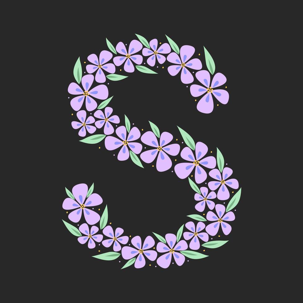 bloemen botanisch alfabet. vintage handgetekende monogram letter s. brief met planten en bloemen. vector belettering geïsoleerd op wit