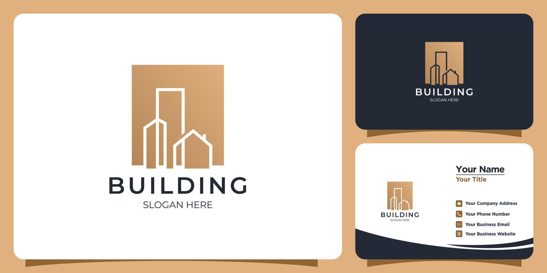 minimalistisch gebouwlogo met logo-ontwerp in lijnstijl en visitekaartjesjabloon vector
