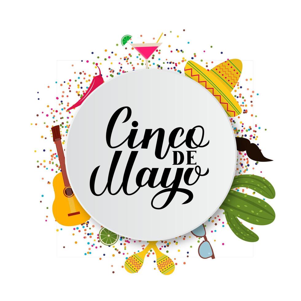 cinco de mayo-letters op een papieren bord met traditionele items vector