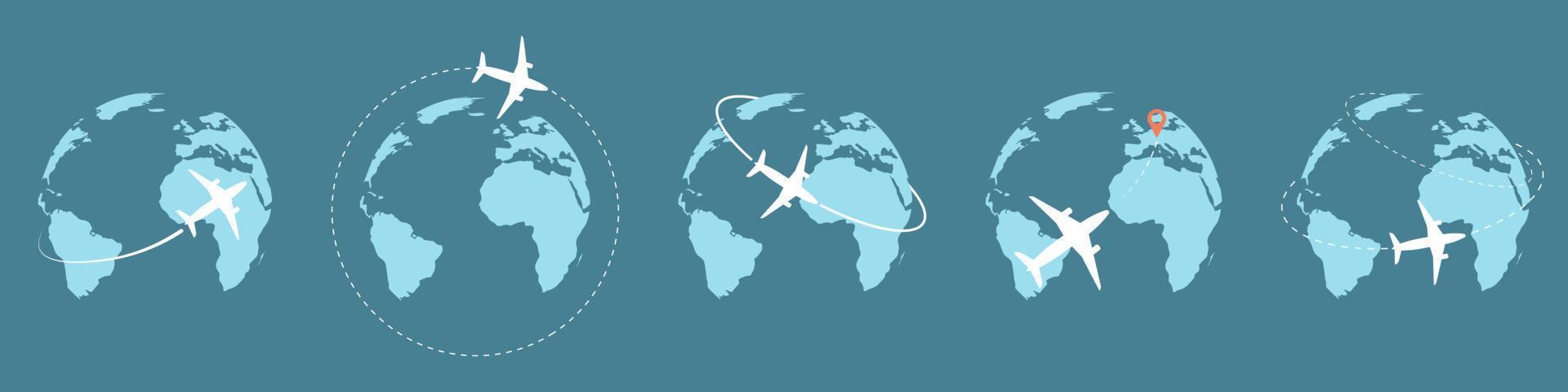reispictogrammen met vliegtuig vliegen rond de aarde. vector illustration.toerisme vervoer concept