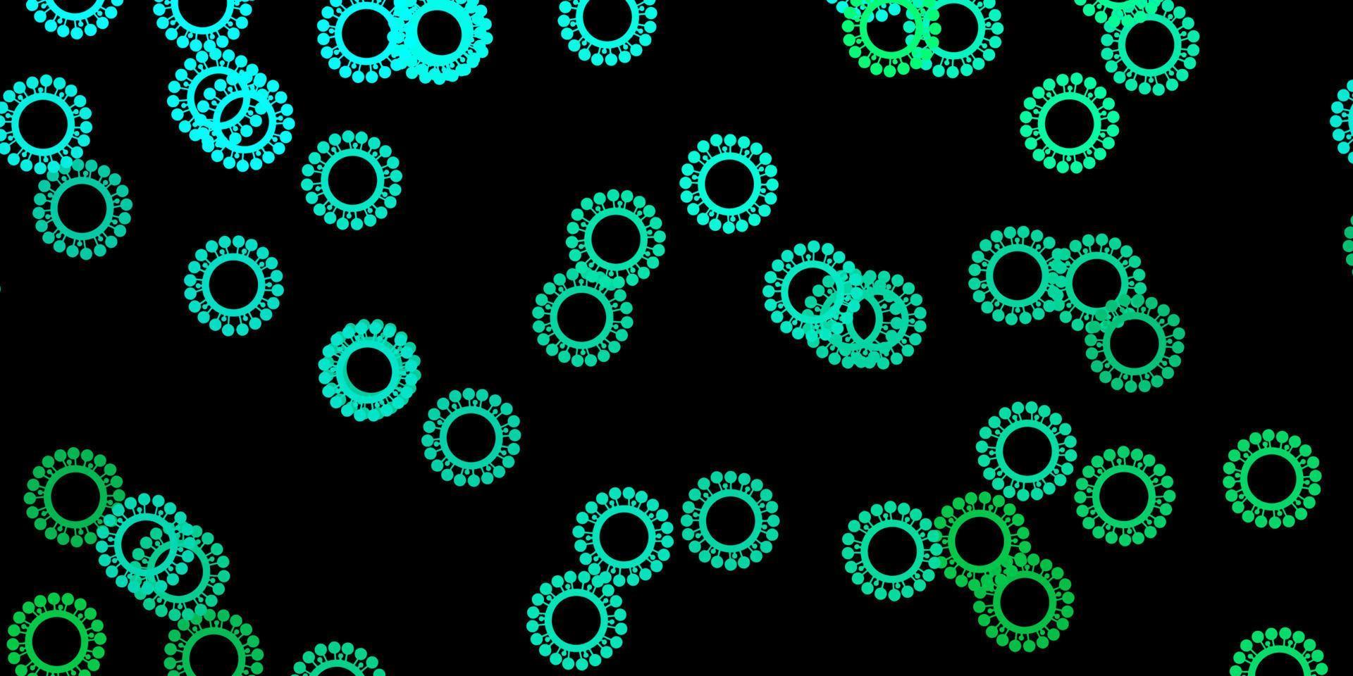 donkergroene vector achtergrond met covid-19 symbolen.