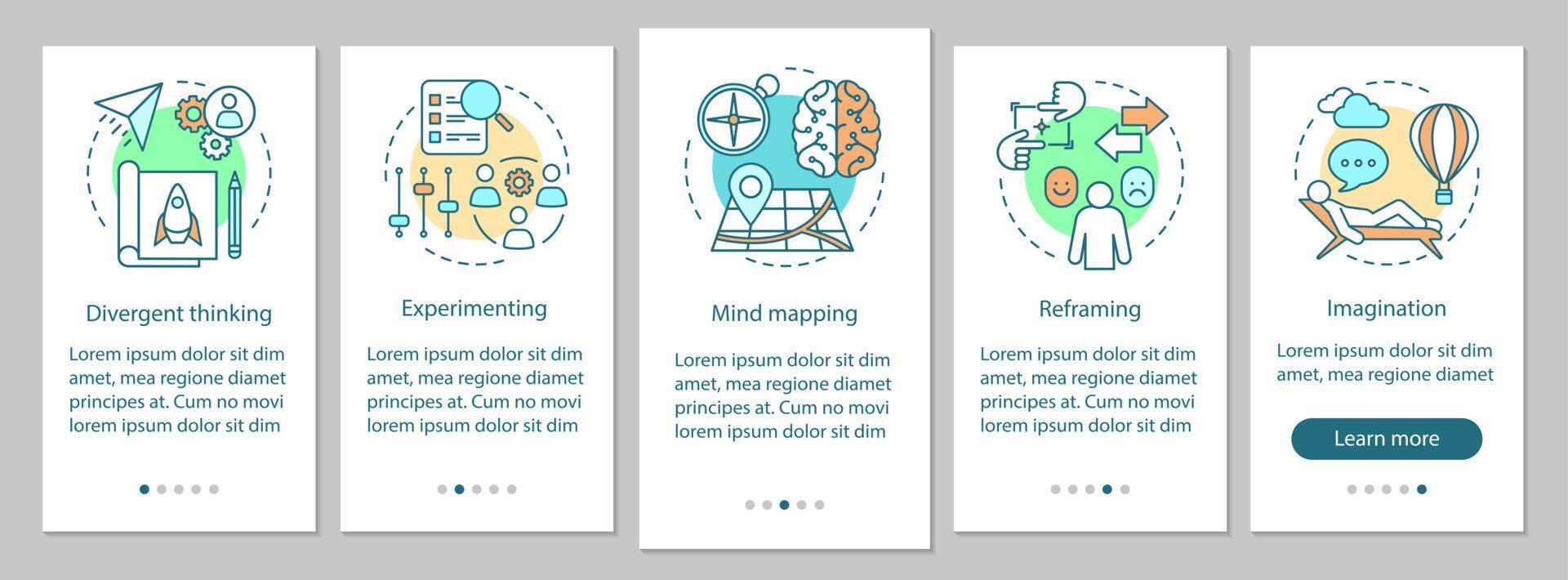 professionele kwaliteiten onboarding mobiele app pagina scherm vector sjabloon. hr-softskills. verbeelding, experimenteren, mindmapping. doorloop website stappen. ux, ui, gui smartphone-interfaceconcept