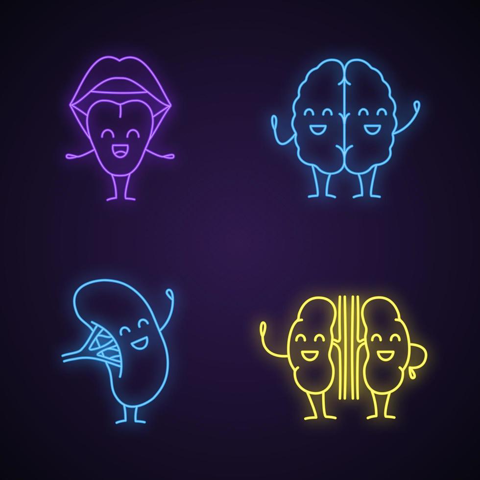 lachende menselijke interne organen tekens neon licht iconen set. gloeiende borden. blije tong, hersenen, milt, nieren. gezonde mondholte, nerveus, urinewegen. geïsoleerde vectorillustraties vector