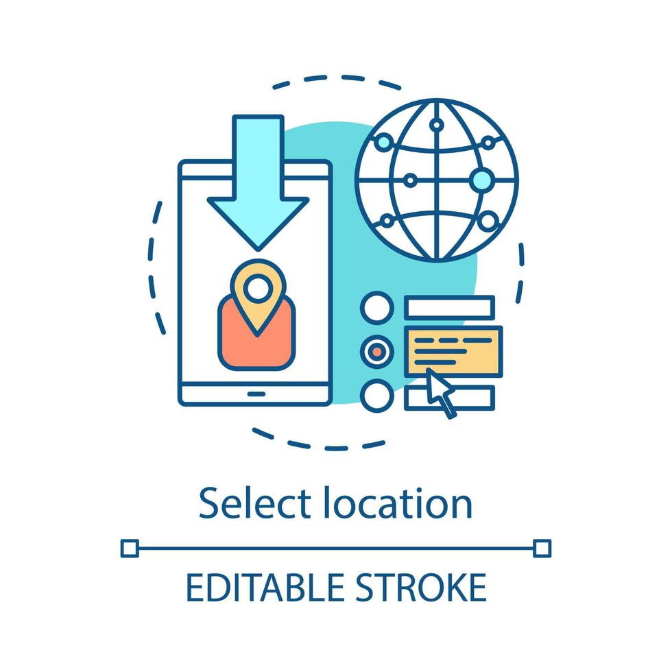 selecteer locatie concept icoon. wereldwijde logistiek idee dunne lijn illustratie. levering tracking mobiele app. navigatie kaart. pakkettracker voor smartphones. vector geïsoleerde overzichtstekening. bewerkbare streek