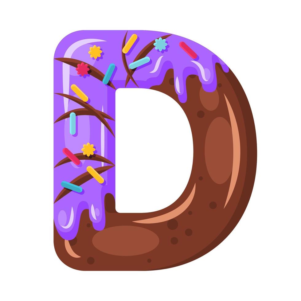 donut cartoon d brief vectorillustratie. biscuit vet lettertype. geglazuurde hoofdletter met glazuur. verleidelijke platte ontwerptypografie. chocolade alfabet. gebak, bakkerij geïsoleerd clipart vector