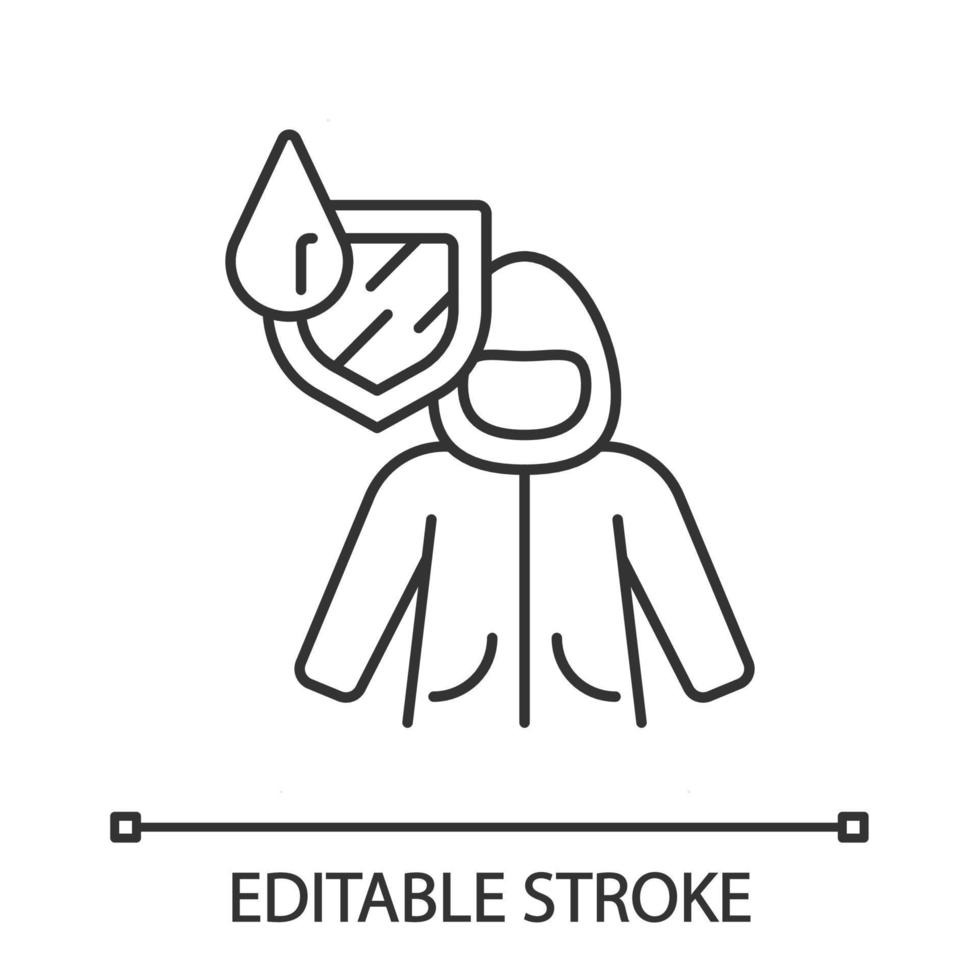 regenjas lineaire pictogram. waterafstotende stof. waterdichte jas. hydrofobe kleding. Waterdichte jas. dunne lijn illustratie. contour symbool. vector geïsoleerde overzichtstekening. bewerkbare streek