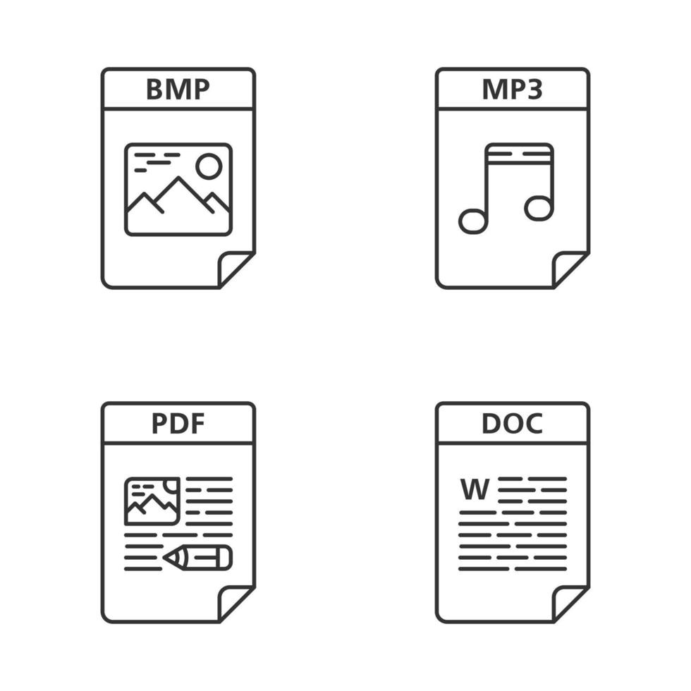 bestanden formaat lineaire pictogrammen instellen. afbeelding, audiobestanden, tekstdocumenten. bmp, mp3, pdf, doc. dunne lijn contour symbolen. geïsoleerde vectoroverzichtsillustraties. bewerkbare streek vector