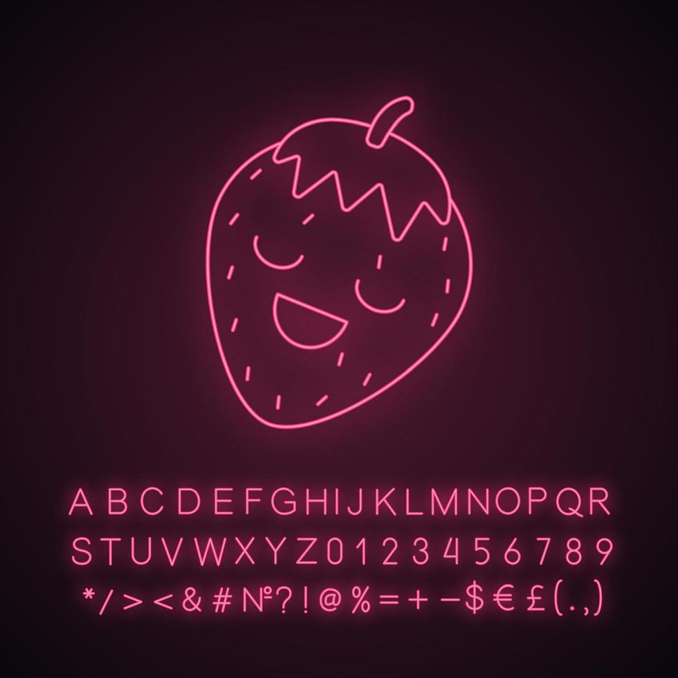 aardbei schattig kawaii neonlicht karakter. bes met lachend gezicht. gelukkig eten. grappige emoji, emoticon, glimlach. gloeiend pictogram met alfabet, cijfers, symbolen. vector geïsoleerde illustratie