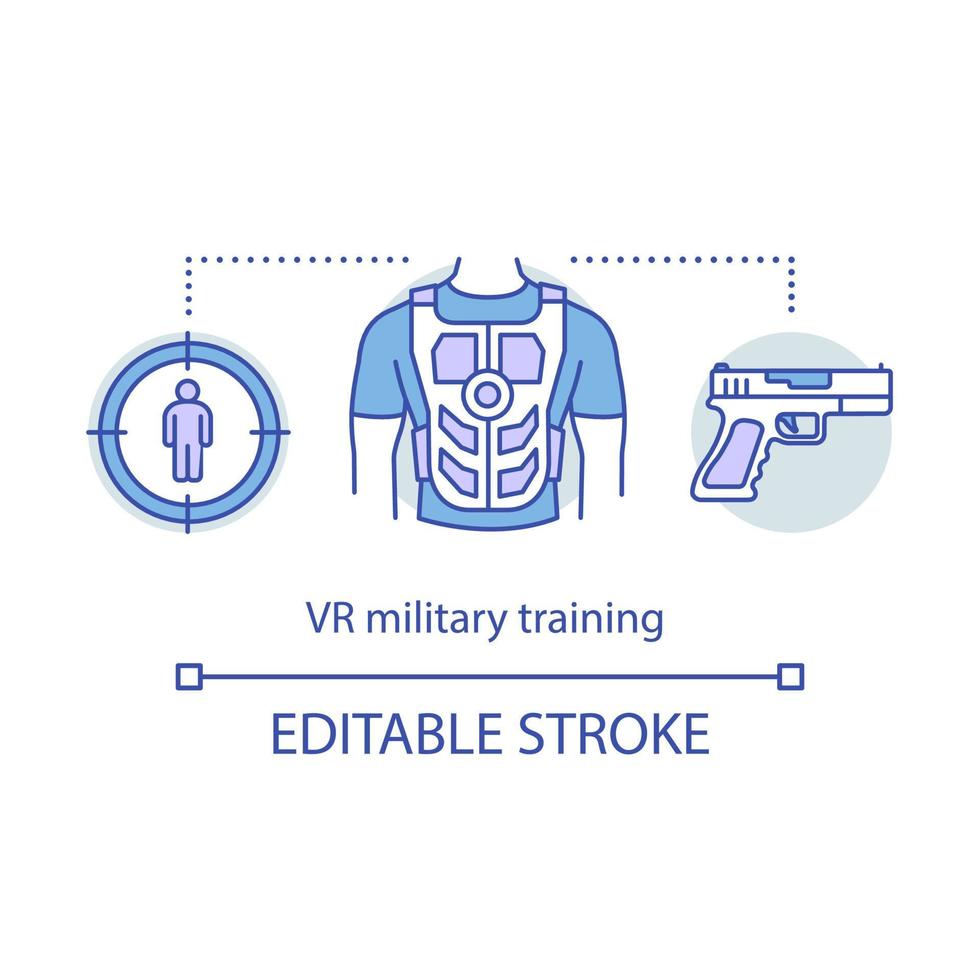 vr militair trainingsconcept icoon. slagveld simulaties. virtual reality-apparatuur. vr soldaat praktijk. vluchtsimulator idee dunne lijn pictogrammen. vector geïsoleerde overzichtstekening. bewerkbare streek