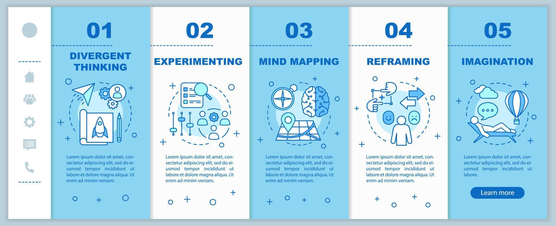 professionele kwaliteiten onboarding mobiele webpagina's vector sjabloon. hr-softskills. verbeelding, mindmapping. responsieve smartphone website-interface. webpagina walkthrough stap schermen. kleur concept