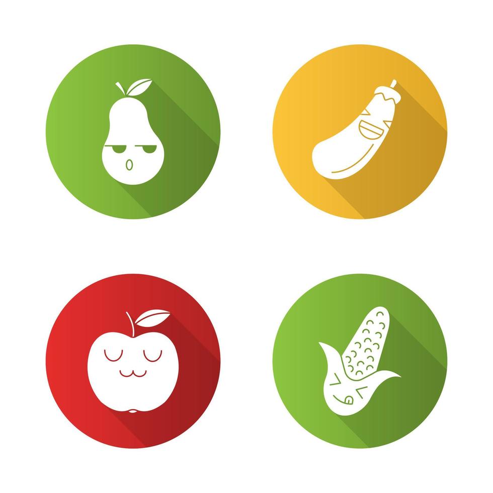groenten en fruit schattige kawaii platte ontwerp lange schaduw glyph tekens set. appel met lachend gezicht. serieuze peer, lachende aubergine. grappige emoji, emoticon. vector geïsoleerde silhouetillustratie