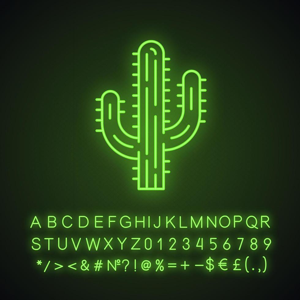 saguaro cactus neon licht icoon. arizona staat wilde bloemen. Mexicaanse tequila-cactus. Amerikaanse tropische plant. gloeiend bord met alfabet, cijfers en symbolen. vector geïsoleerde illustratie