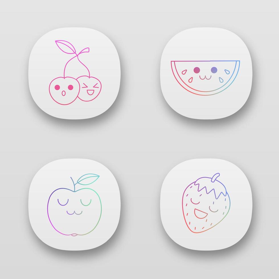 fruit schattige kawaii app tekens set. grappige emoji, emoticon, glimlach. kers, watermeloen, appel, aardbei met lachende gezichten. vector geïsoleerde illustratie