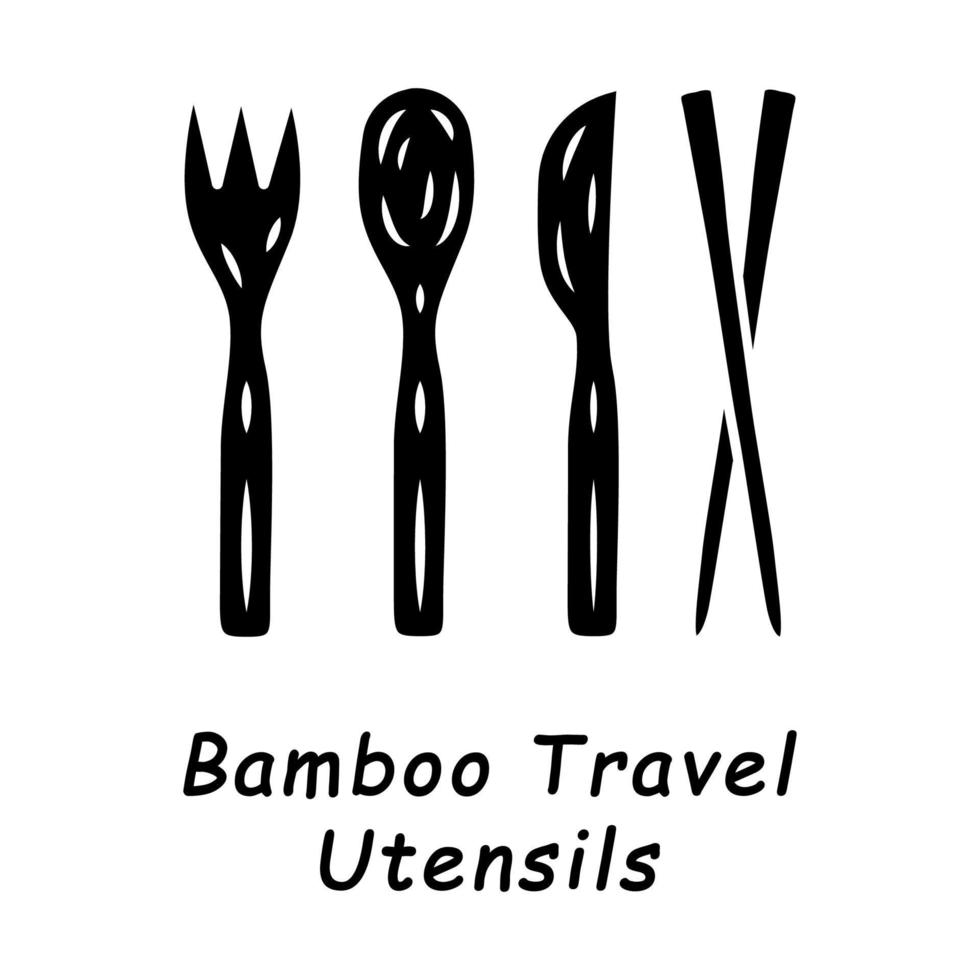 bamboe reisgerei glyph icoon. wegwerp, herbruikbaar bestek. biologische lepel, vork, mes, stokken. houten keuken, eetbenodigdheden. silhouet symbool. negatieve ruimte. vector geïsoleerde illustratie