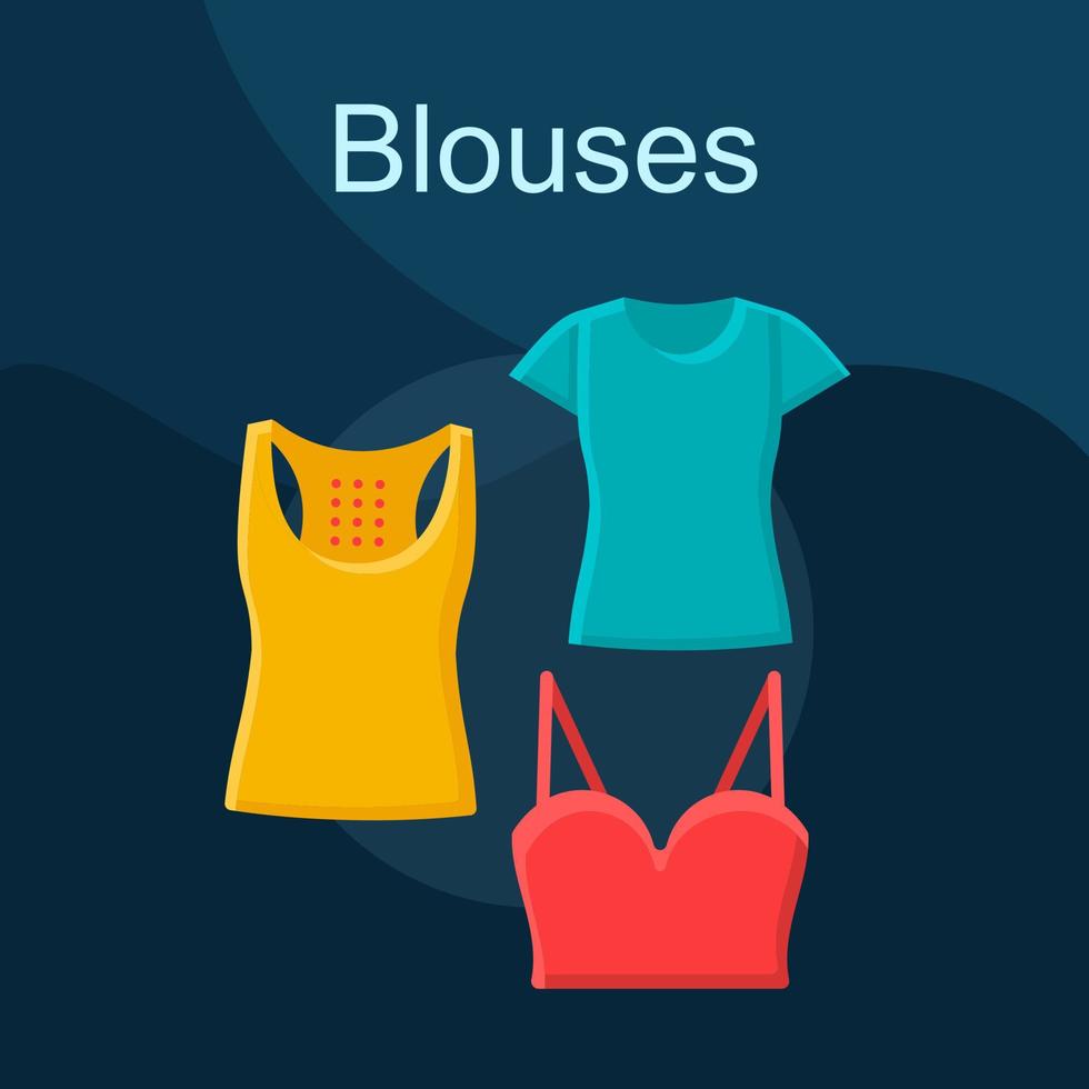 blouses platte concept vector pictogram. damesmode idee cartoon kleur illustraties set. t-shirt, mouwloos shirt, crop top. informele stijl. zomerkleding. sportieve outfit. geïsoleerd grafisch ontwerpelement