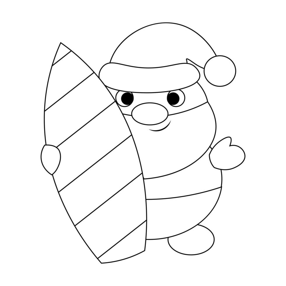 zomer kerstman met surfplank. illustratie in zwart-wit tekenen vector