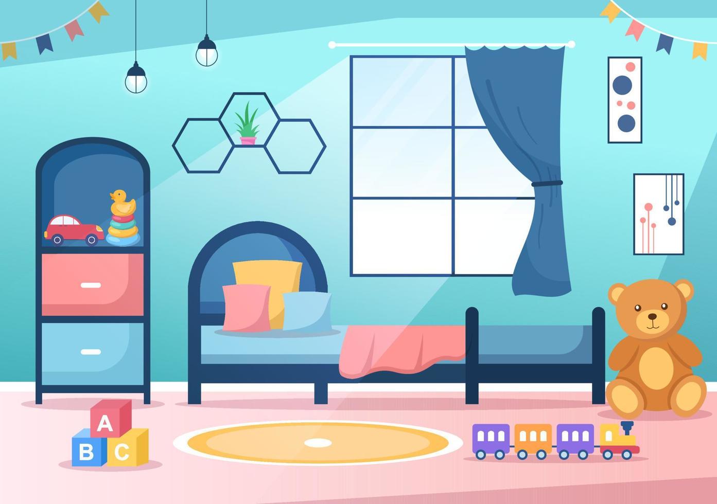 gezellige kinderkamer interieur met meubels zoals bed, speelgoed, kledingkast, nachtkastje, vaas, kroonluchter in moderne stijl in cartoon vectorillustratie vector