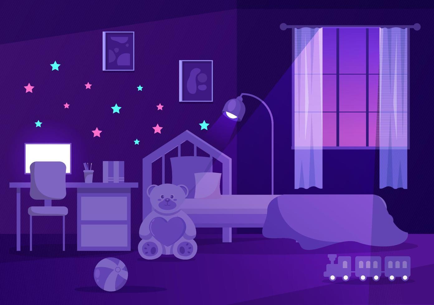 nacht gezellige slaapkamer interieur met meubels zoals bed, kledingkast, nachtkastje, vaas, kroonluchter in moderne stijl in cartoon vectorillustratie vector