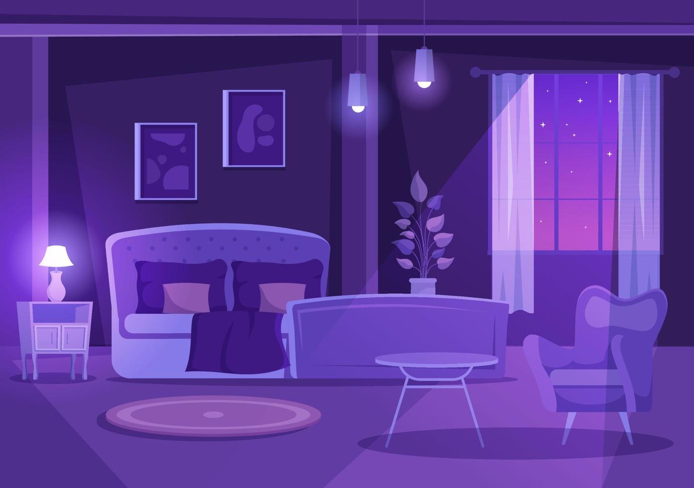 nacht gezellige slaapkamer interieur met meubels zoals bed, kledingkast, nachtkastje, vaas, kroonluchter in moderne stijl in cartoon vectorillustratie vector