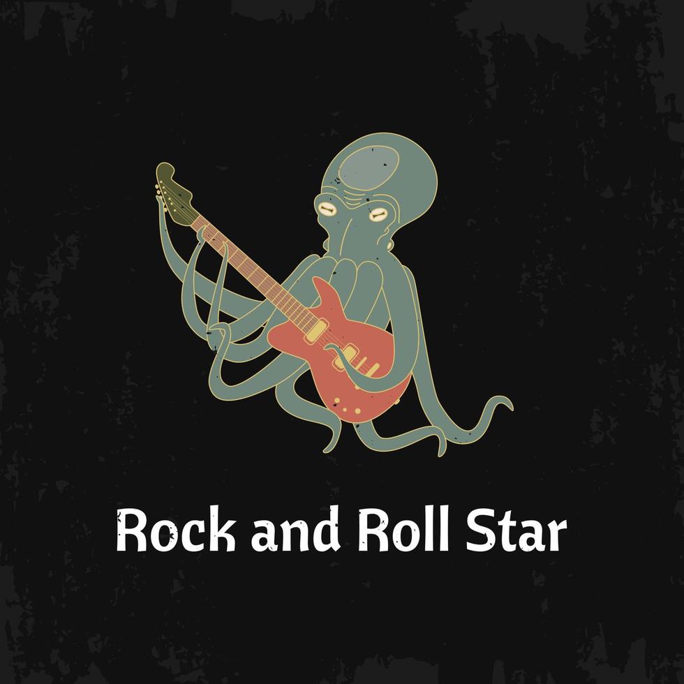 octopus met een gitaar, vintage, grunge textuur. hand getekend platte vectorillustratie. vector print voor tshirt graphics en ander gebruik.