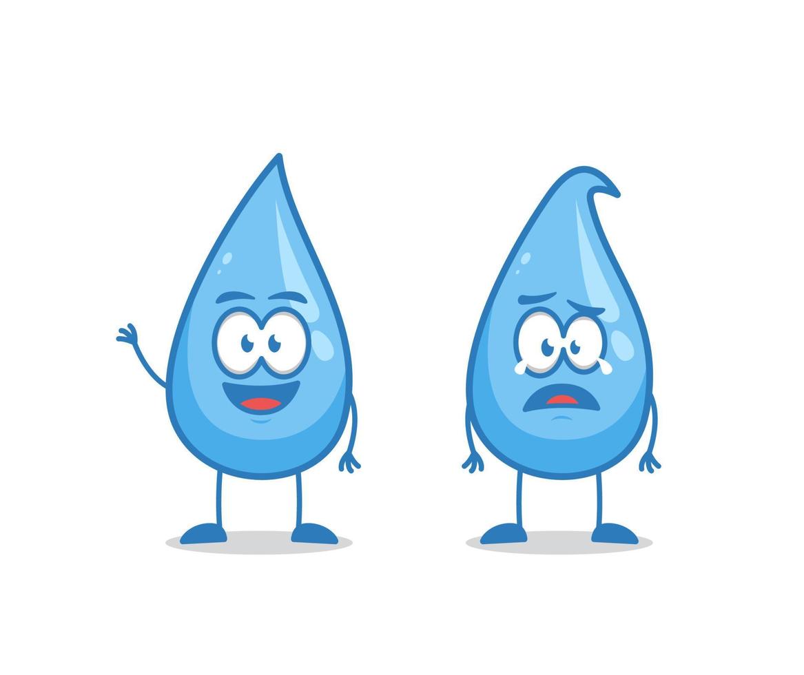 gelukkige groet hallo en droevige uitdrukking waterdruppel cartoon karakter vector illustratie mascotte voor wereld water dag