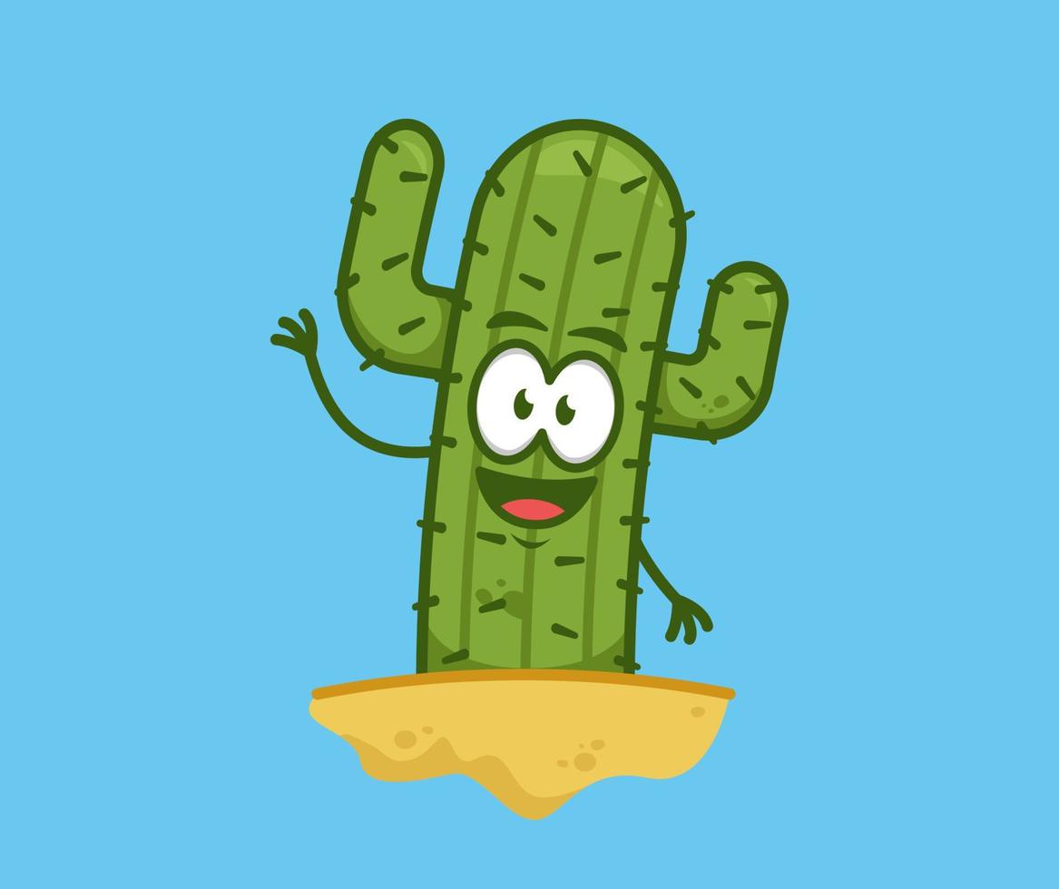 schattige cactus zeg hallo vriendelijke groet met zwaaiende hand stripfiguur mascotte vectorillustratie vector
