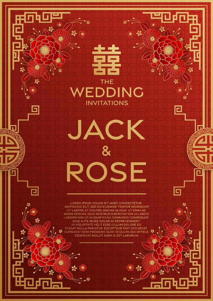 chinese bruiloft traditionele kaart met rode en gouden achtergrond vector