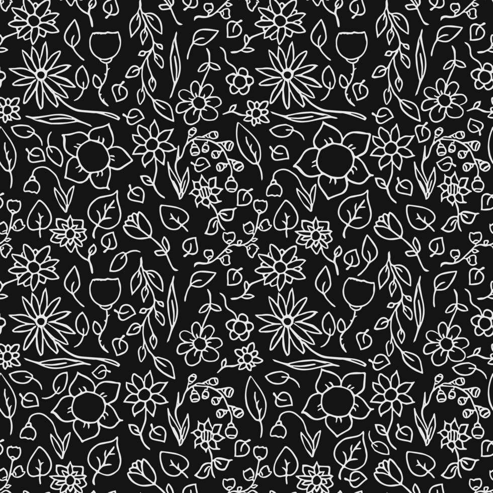 naadloze bloemen vector patroon. doodle vector met bloemmotief op zwarte achtergrond. vintage bloemenpatroon